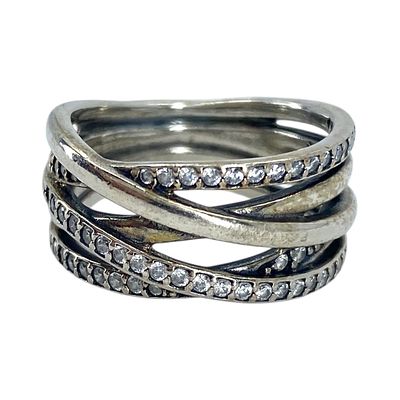 Pandora Sterling Rhinestone Crossover Ring 6.4g sz 7.25 Engraved "S925 ALE 56"