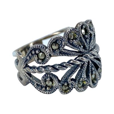 Sterling Marcasite Cut Out Vintage Ring 5g sz 8.25 Engraved 925