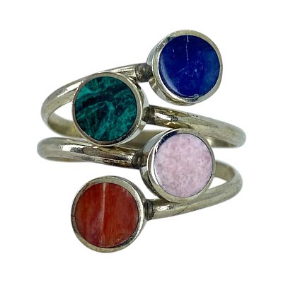 Sterling Multistone Stacked Bypass Ring 4.2g sz 11. Sterling Coral Turquoise Solidite Stacked 