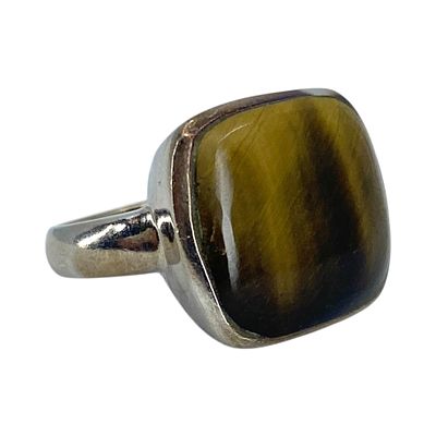 Signed Sterling Tiger Eye Large Square Ring 8.14g sz 6.75 Engraved SX 925 Thailand