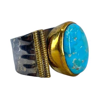Signed Sterling Oval Turquoise Hammered Ring 8g sz 7 Engraved YS India 925