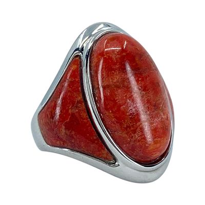 Signed Sterling Red Spiny Oyster Statement Ring 10g sz 8 Engraved DK 925