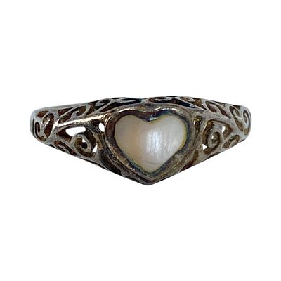 Sterling Mother of Pearl Filigree Heart Ring 2g sz 6.75 Engraved 925