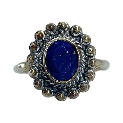 Sterling Lapis Lazuli Oval Beaded Ring 4g sz 6 Engraved 925