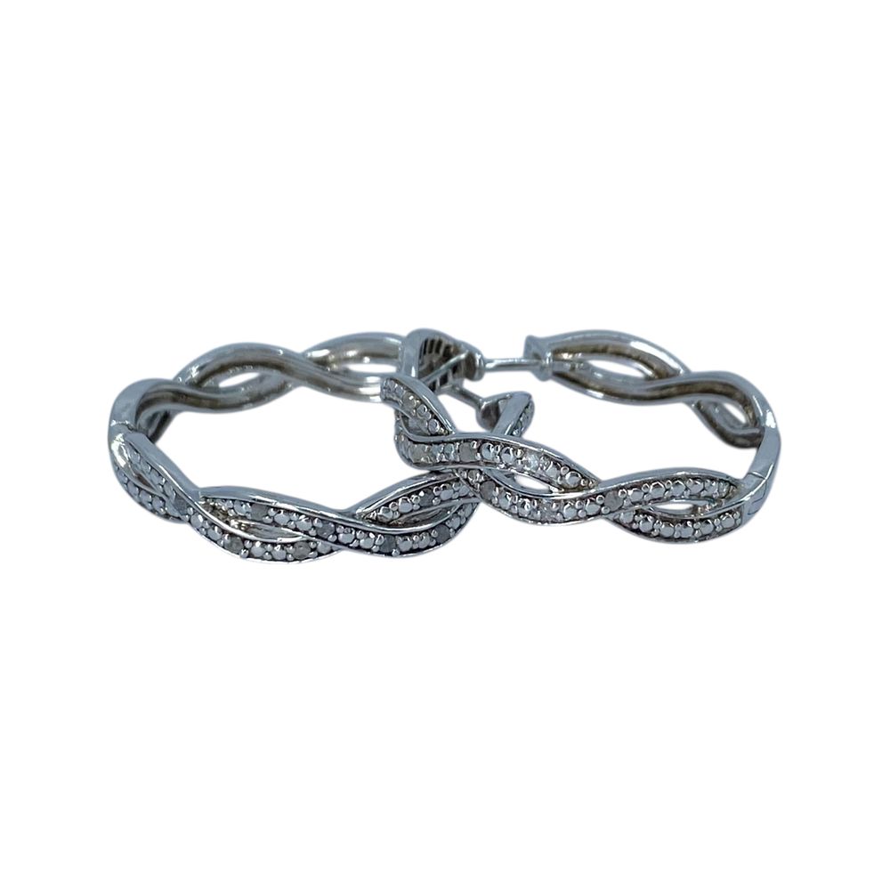 Lot 364: Signed Sterling Diamond Twist Hoop Earrings 9g