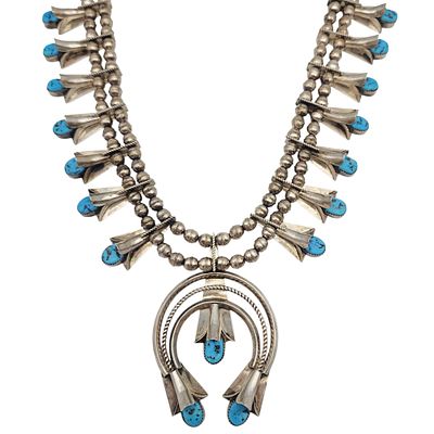 Frank Yazzie Navajo Sterling Turquoise Squash Blossom Necklace | Approx. Weight: 133g | Approx. 
