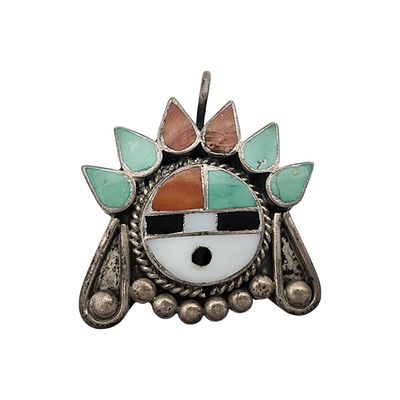 Vintage Zuni Sterling Multistone Sunface Inlay Pendant. Vintage Zuni Sterling Multistone 