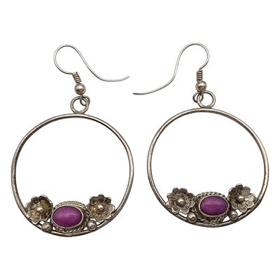 Herbert Platero Navajo Sterling Ruby Hoop Earrings 6g