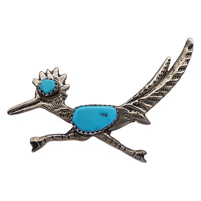 Vintage Navajo Sterling Turquoise Roadrunner Brooch | 6.3g