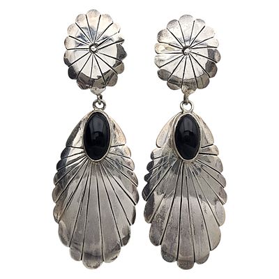 Vintage Navajo Sterling Onyx Dangle Earrings | 17.6g