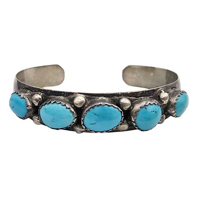 Signed Navajo Sterling Turquoise Cuff Bracelet. Signed CH or EH Vintage Navajo Sterling 