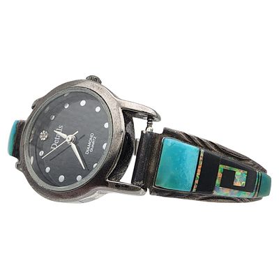 Francis Melvin Navajo Sterling Multistone Inlay Watch Tips. Francis Melvin Navajo Sterling 