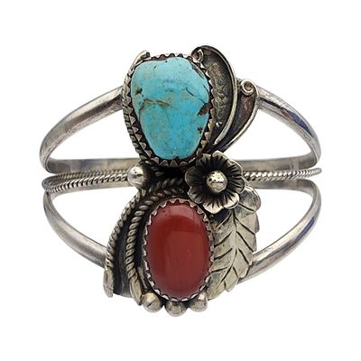 Vintage Navajo Turquoise and Coral Cuff Bracelet. Vintage Navajo Sterling Turquoise and Coral 