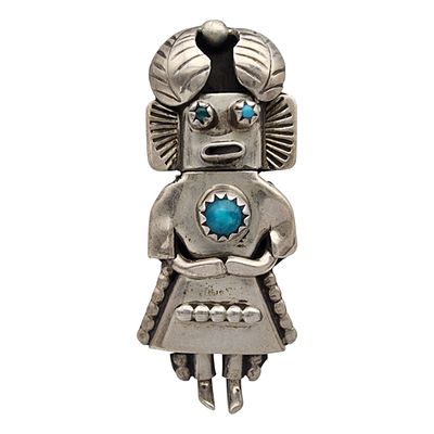 Orville Manygoats Navajo Sterling Turquoise Kachina Doll Pendant Brooch | 7.8g
