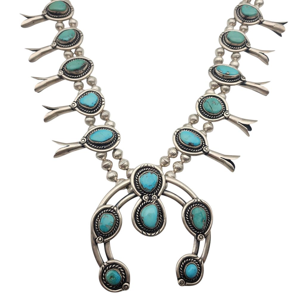 Lot 151: Vintage Navajo Sterling Turquoise Squash Blossom Necklace
