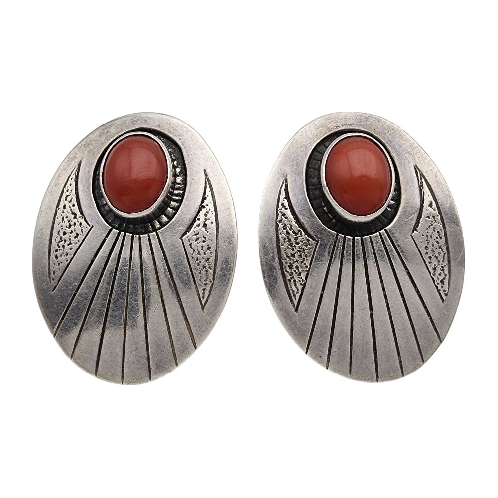 Lot 152: Vintage Navajo Sterling Coral Concho Earrings