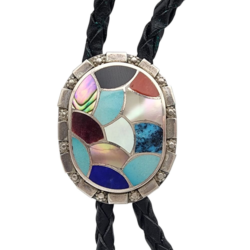 Lot 156: Carmichael Haloo Zuni Sterling Fish Scale Inlay Bolo Tie
