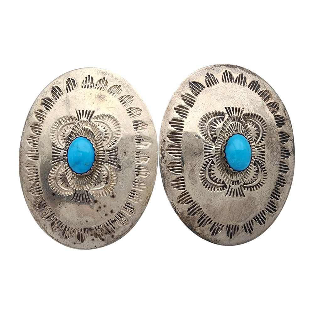 Lot 157: Vintage Navajo Sterling Turquoise Stamped Concho Earrings