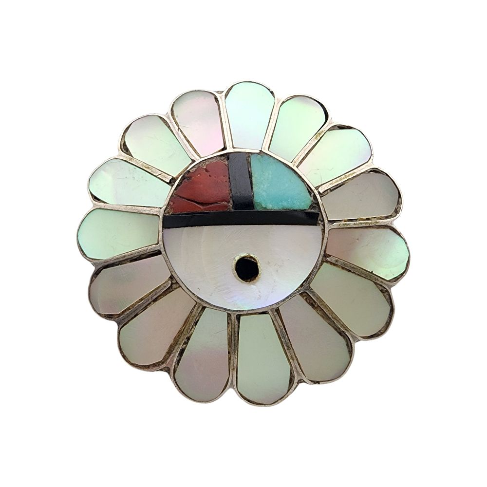 Lot 166: Vintage Zuni Sterling Multistone Inlay Sunface Ring Sz 4.5