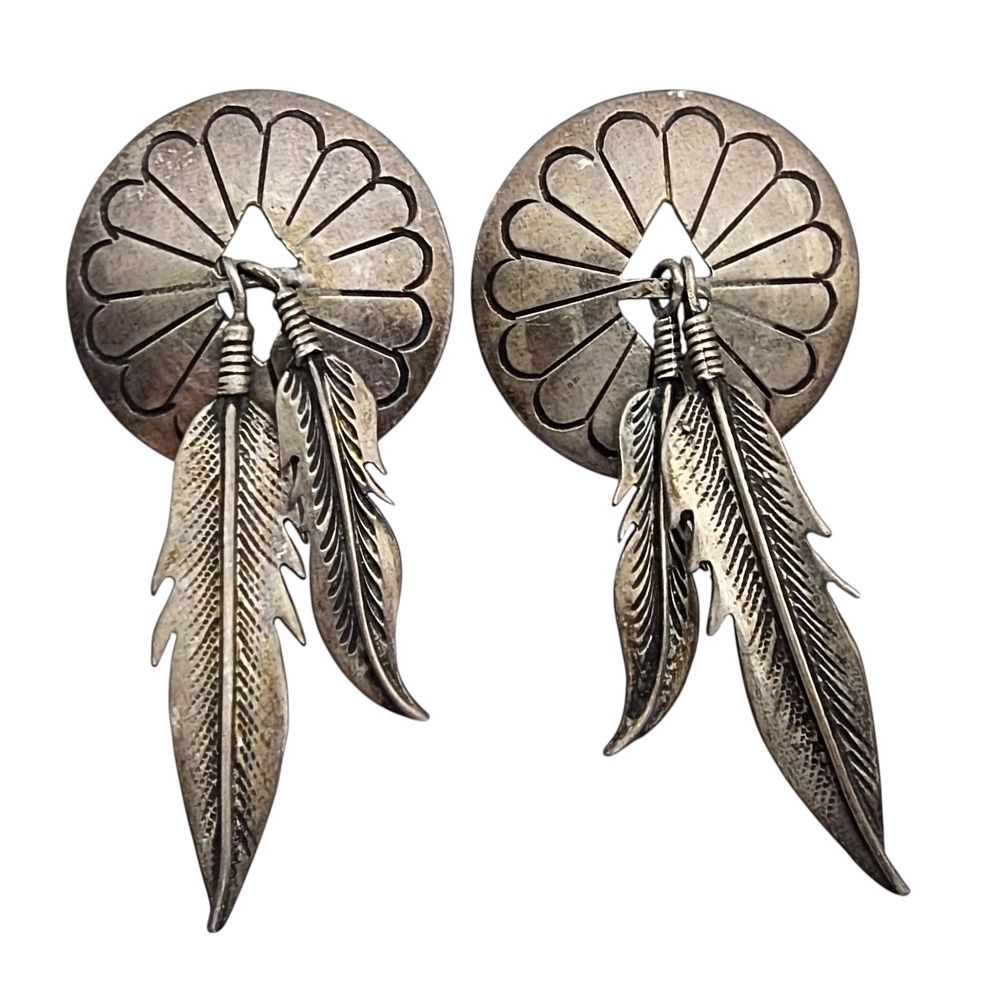 Lot 167: Vintage Navajo Sterling Stamped Concho Feather Dangle Earrings