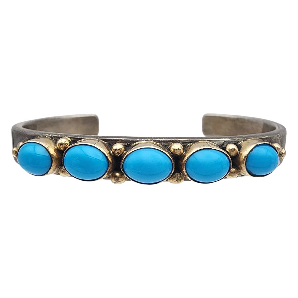 Lot 173: Ray Bennett Navajo Sterling & 14k Gold Turquoise Cuff Bracelet