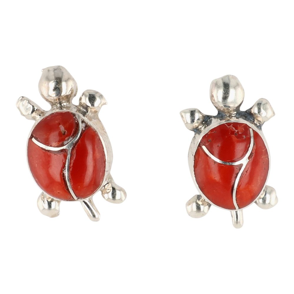 Lot 168: Rebecca Lalid Navajo Sterling Coral Turtle Earrings