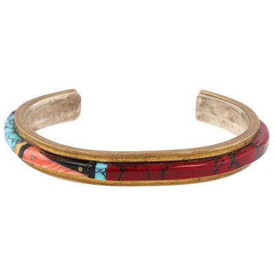 NEZ Navajo Sterling Multi-Stone Raised Inlay Cuff Bracelet 22g-Coral, Onyx, Turquoise, Spiny Oyster