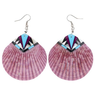 Zuni Sterling Multi-Stone Inlay On Shell Hook Earrings 13g-Jet, Mother-of-Pearl, Turquoise, Sugilite