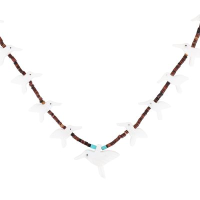 Zuni Sterling Multi-Stone Carved Bird Fetish Heishi Necklace 40g-Marble, Turquoise, Shell