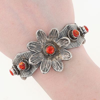 Wilson Dawes Navajo Sterling Opal Tufa Cast Floral Cuff Bracelet
