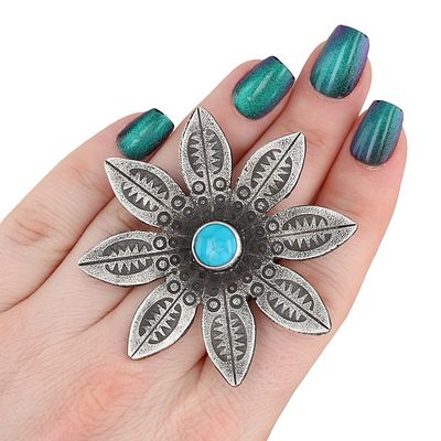 Alonzo John Navajo Tufa Cast Sterling Turquoise Adjustable Ring Sz 7, 42.5g