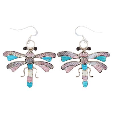 Tamara Pinto Zuni Sterling Multi-Stone Dragonfly Inlay Hook Earrings 12g-Abalone 