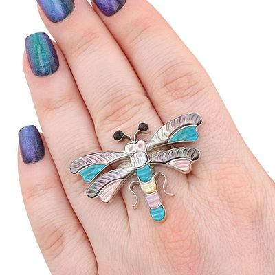 Tamara Pinto Zuni Sterling Multi-Stone Dragonfly Inlay Ring Sz 7.5, 6.5g-Abalone 