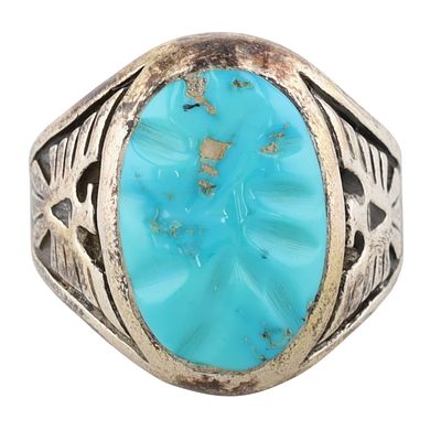 Vintage Navajo Sterling Carved Turquoise Ring Sz 10, 14.5g