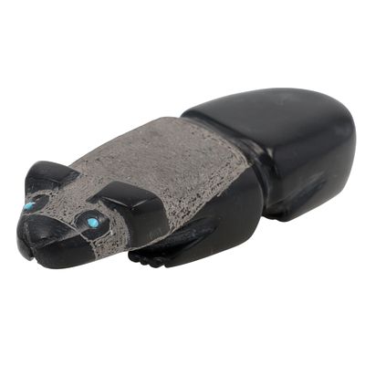 Reynold Lunasee Zuni Hand Carved Black Marble Bear Fetish 36g-Black Marble, Turquoise