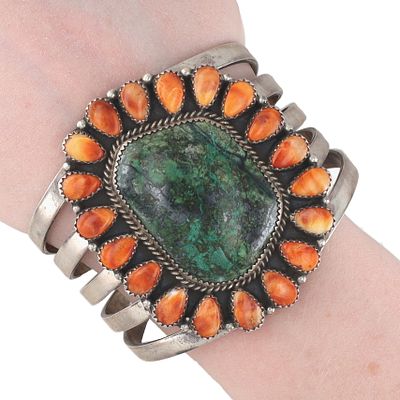 Patrick Yazzie Navajo Sterling Multi-Stone Cuff Bracelet 104g-Green Turquoise, Spiny Oyster