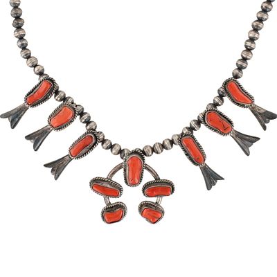 Vintage Navajo Sterling Coral Squash Blossom Necklace 49g