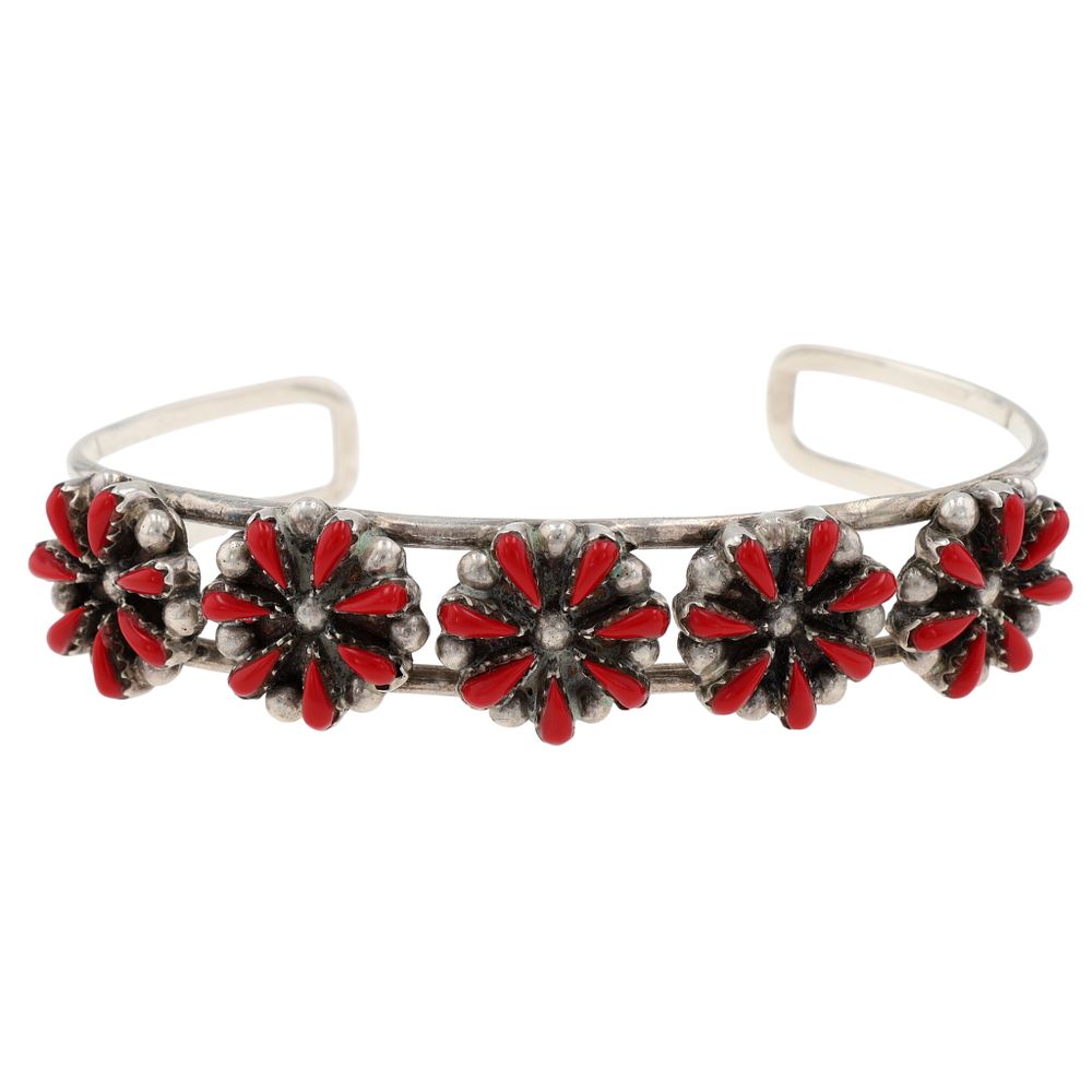 Lot 155: Vintage Zuni Sterling Red Coral Cluster Cuff Bracelet