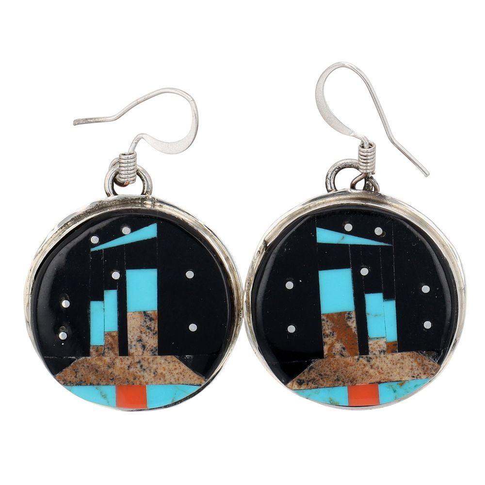 Lot 176: Gilbert Smith Navajo Sterling Multi-Stone Night Sky Inlay Hook Earrings