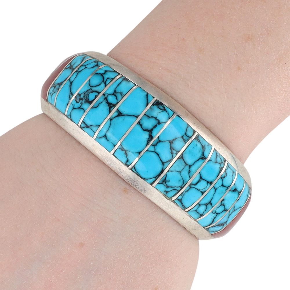 Lot 182: Signed Navajo Sterling Multi-Stone Inlay Cuff Bracelet