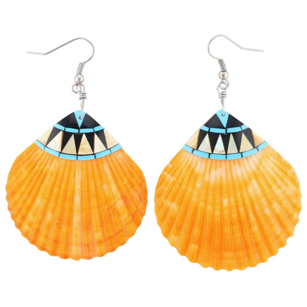 Lot 183: Zuni Sterling Multi-Stone Inlay On Shell Hook Earrings