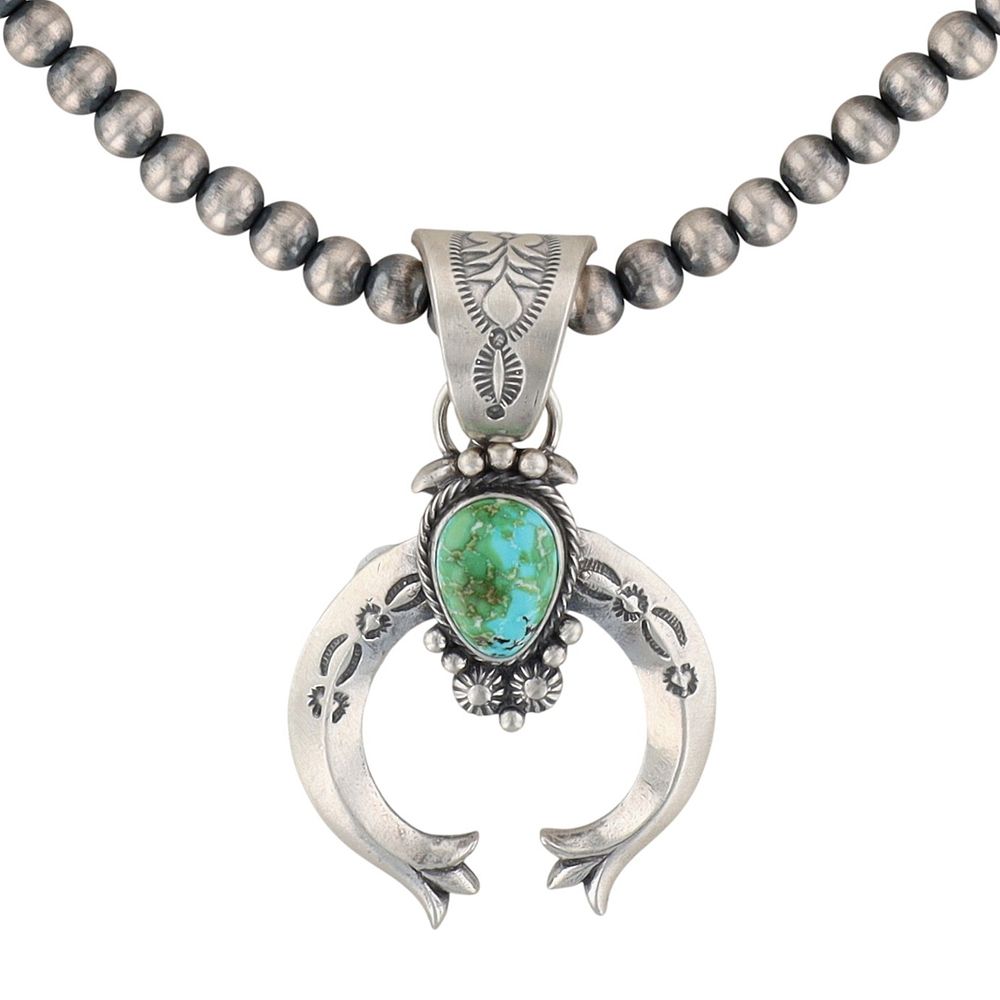 Lot 192: Sam Yellowhair Navajo Sterling Sonoran Gold Turquoise Naja Necklace