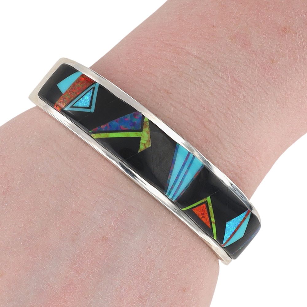 Lot 195: Larson Lee Navajo Sterling Multi-Stone Inlay Cuff Bracelet