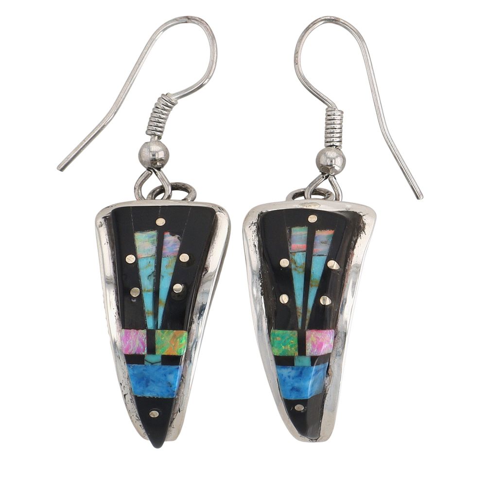 Lot 196: Gilbert Smith Navajo Sterling Multi-Stone Kachina Inlay Hook Earrings