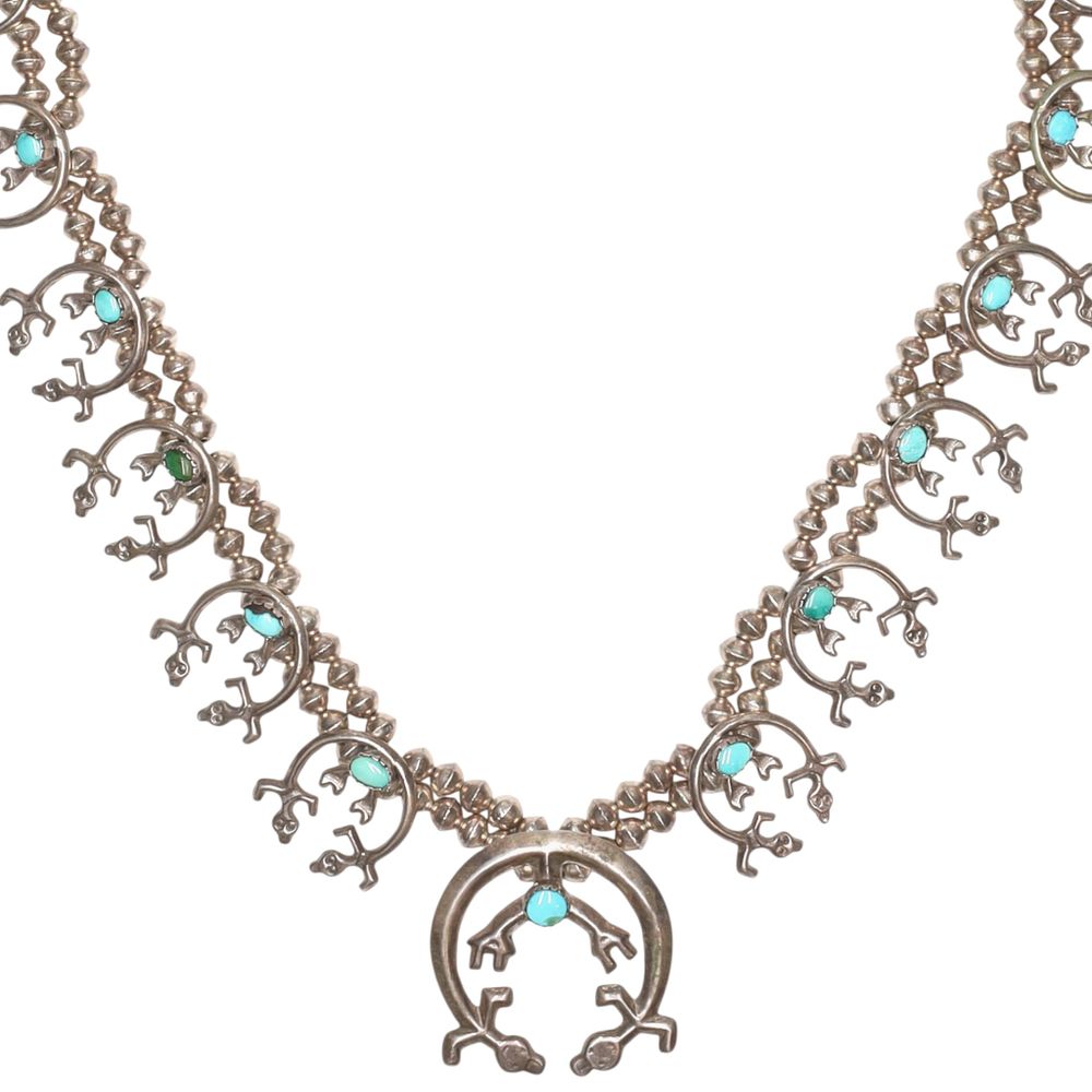 Lot 201: Vintage Navajo Sandcast Sterling Turquoise Rainbow Man Necklace