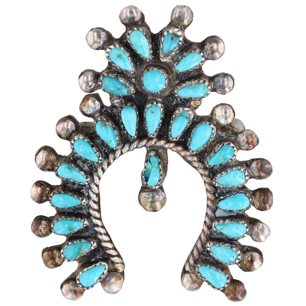Lot 203: Vintage Zuni Sterling Turquoise Cluster Naja Brooch