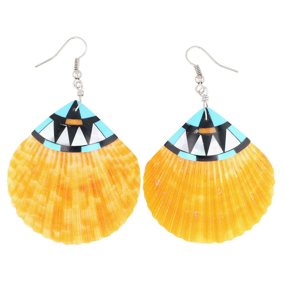 Lot 207: Zuni Sterling Multi-Stone Inlay On Shell Hook Earrings