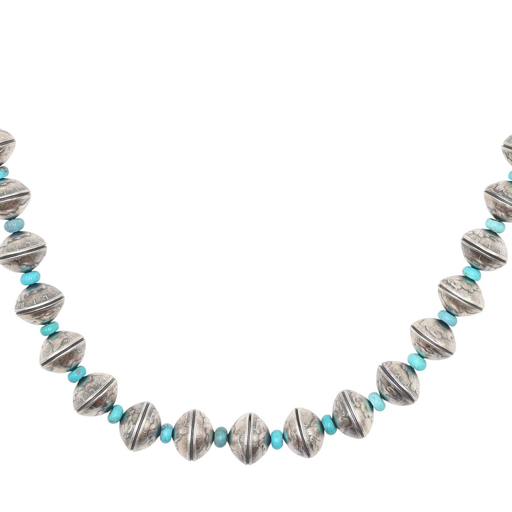 Lot 211: James McCabe Taos Pueblo Sterling Kingman Turquoise Liberty Dime Necklace