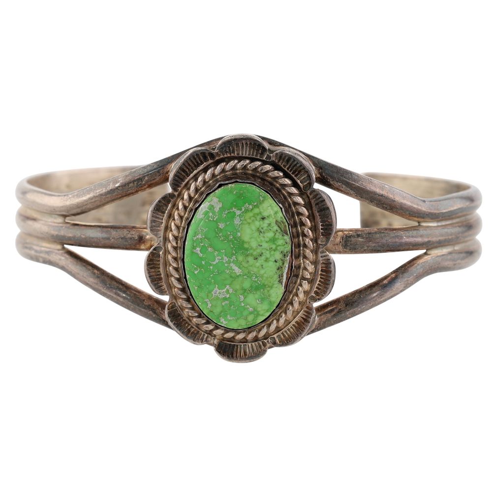 Lot 219: Signed Vintage Navajo Sterling Gaspeite Cuff Bracelet