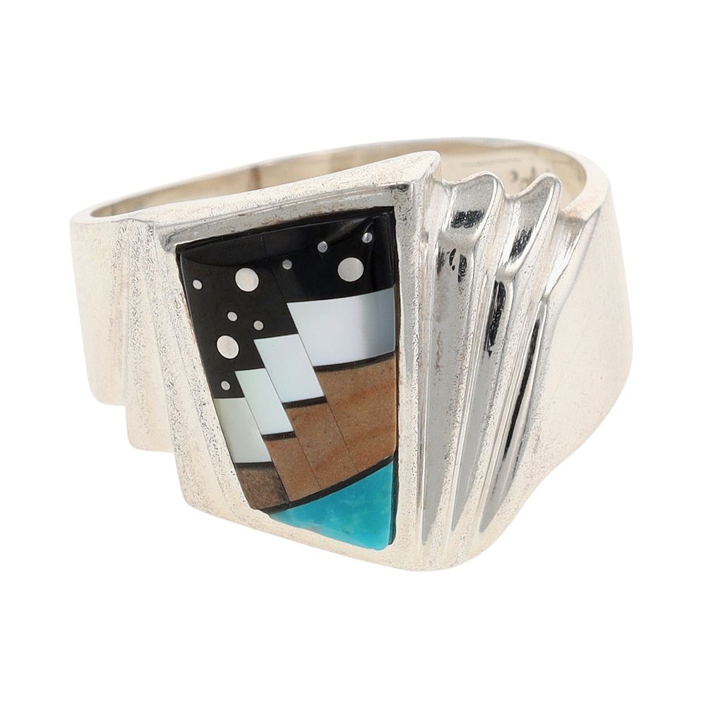 Lot 233: Calvin Begay Navajo Sterling Multi-Stone Inlay Ring Sz 12.5